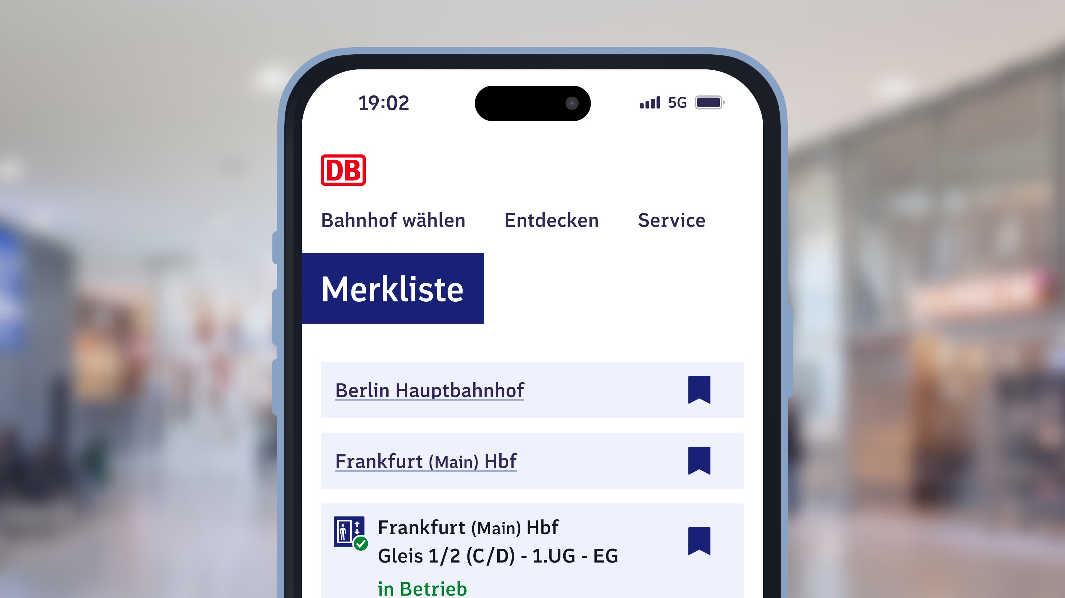 Ansicht der Merkliste mit Liste gespeicherter Bahnhöfe und Aufzüge.