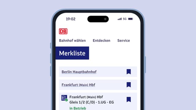 Ansicht der Merkliste mit Liste gespeicherter Bahnhöfe und Aufzüge.