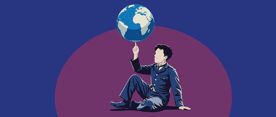 Ein Mann in einem Anzug, der eine Weltkugel auf dem erhobenen Zeigefinger balanciert.