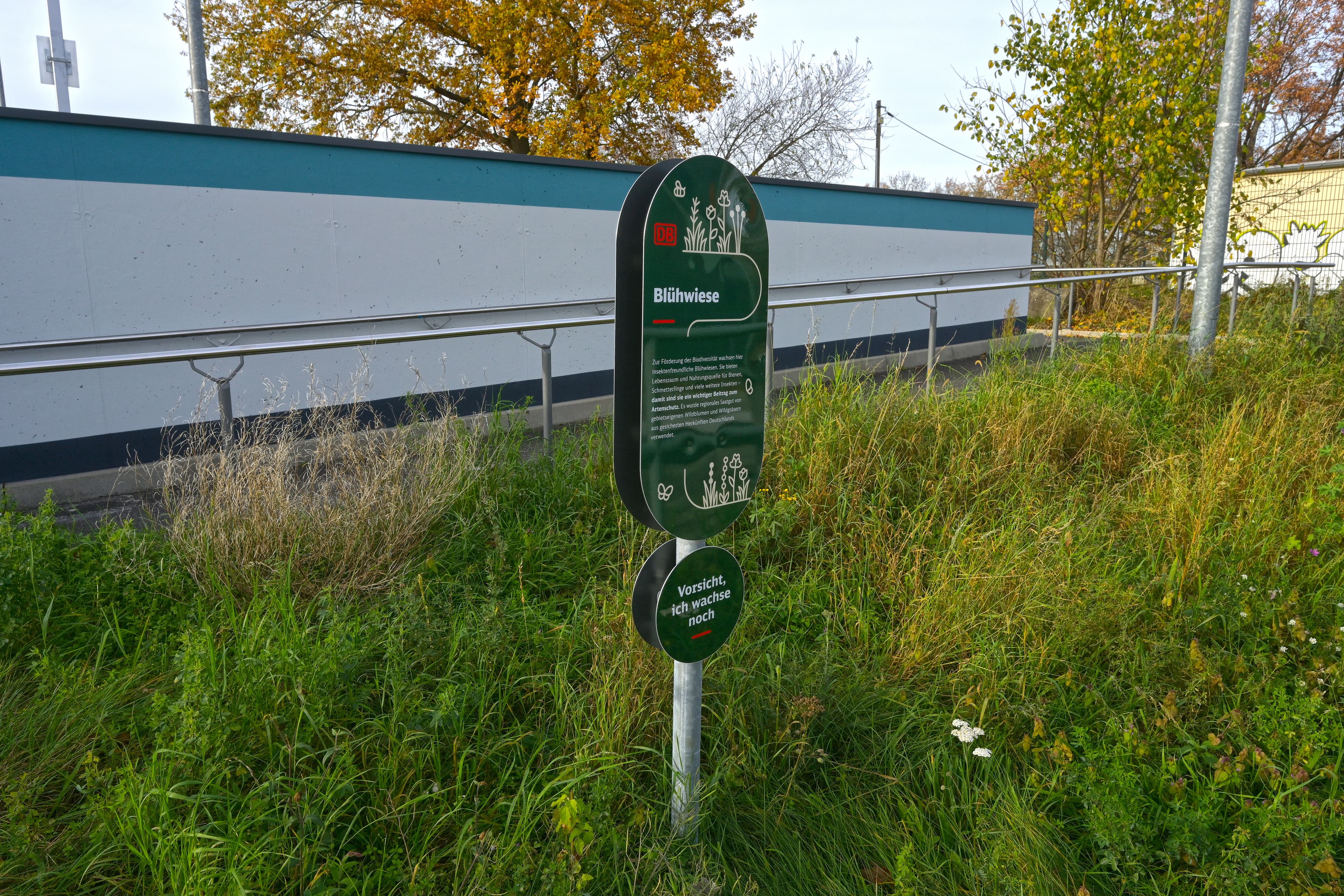 Der Blick auf die Beschilderung zum Grünkonzept am Bahnhof Golm nach der Aufwertung im Rahmen des Konzepts Zukunftsbahnhof (ZKB) durch verschiedene bauliche und gestalterische Maßnahmen. 
