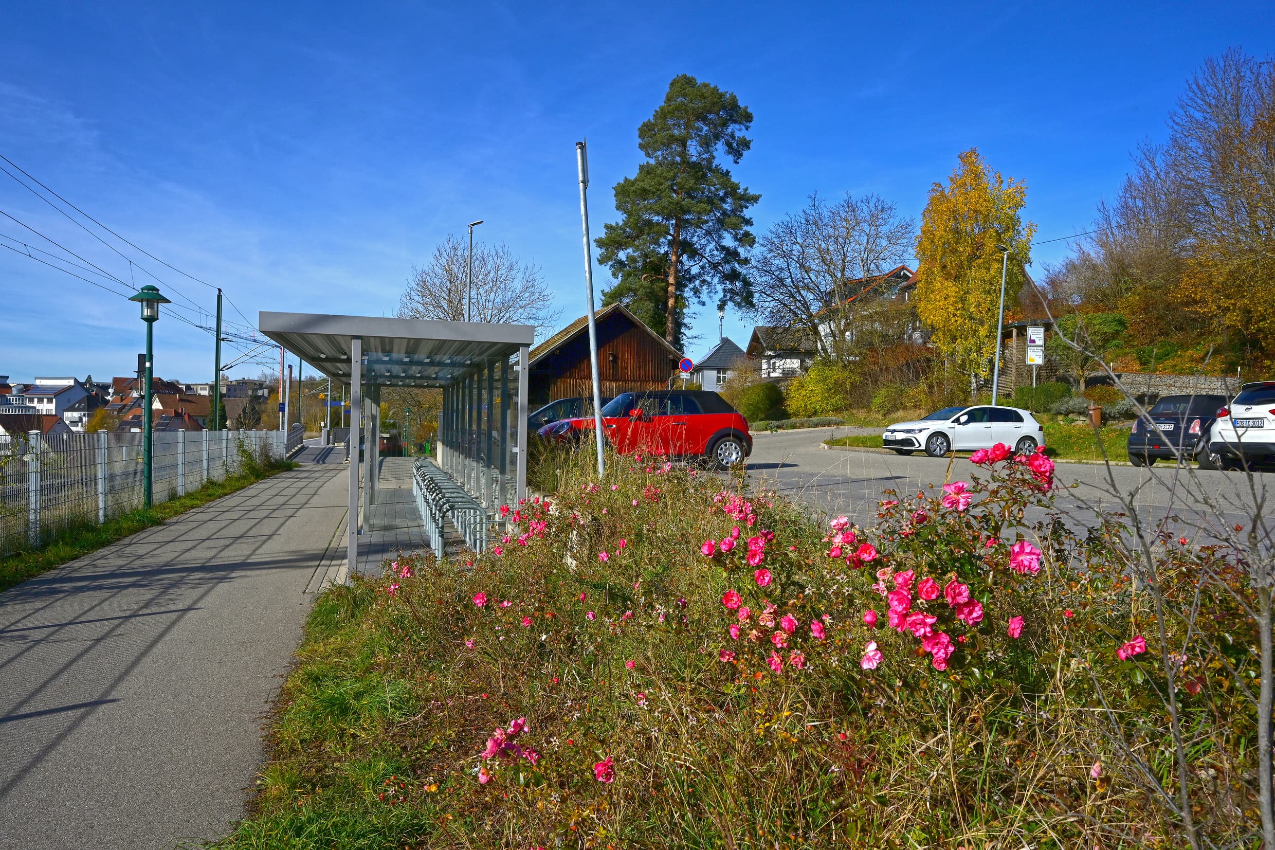 Blumenwiese und neue Fahrradabstellanlage am Bahnhof Dornstetten.