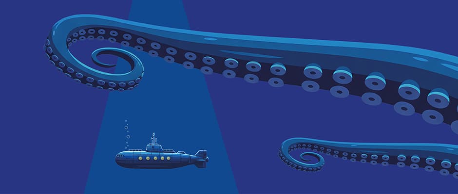 Ein U-Boot, welches von riesigen Tentakeln umkreist wird.