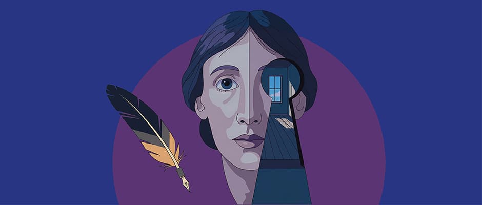 Das Gesicht einer Frau, bei dem ein Auge durch ein Schlüsselloch ersetzt wurde, durch das man in ein leeres Zimmer blickt, sowie eine Schreibefeder.