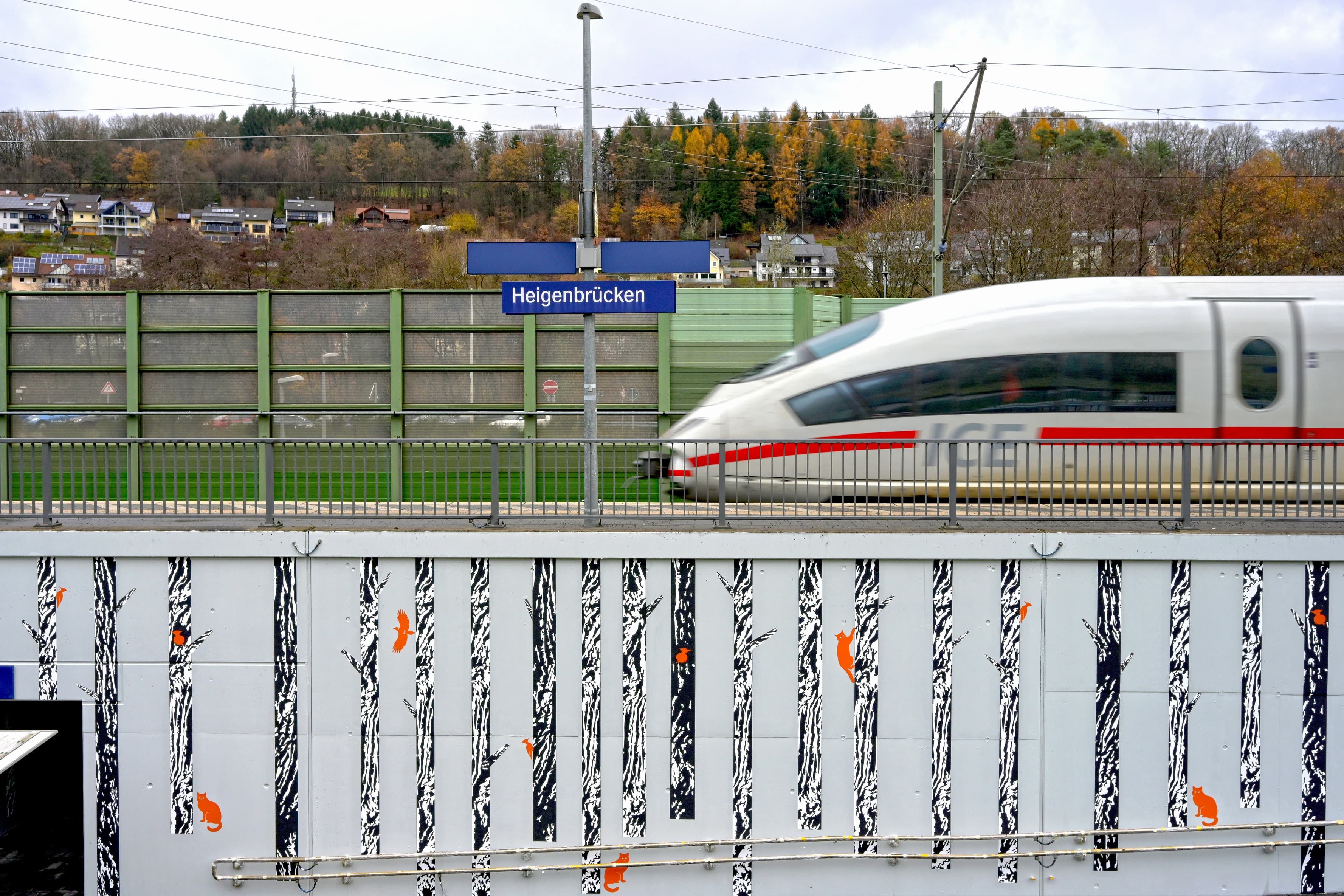 Mit Bäumen und Tieren bemalte Wandflächen unter dem Bahnsteig. Auf dem Bahnsteig das blaue Bahnhofsschild mit weißem Schriftzug Heigenbrücken. Ein fahrender ICE im rechten Bildrand.