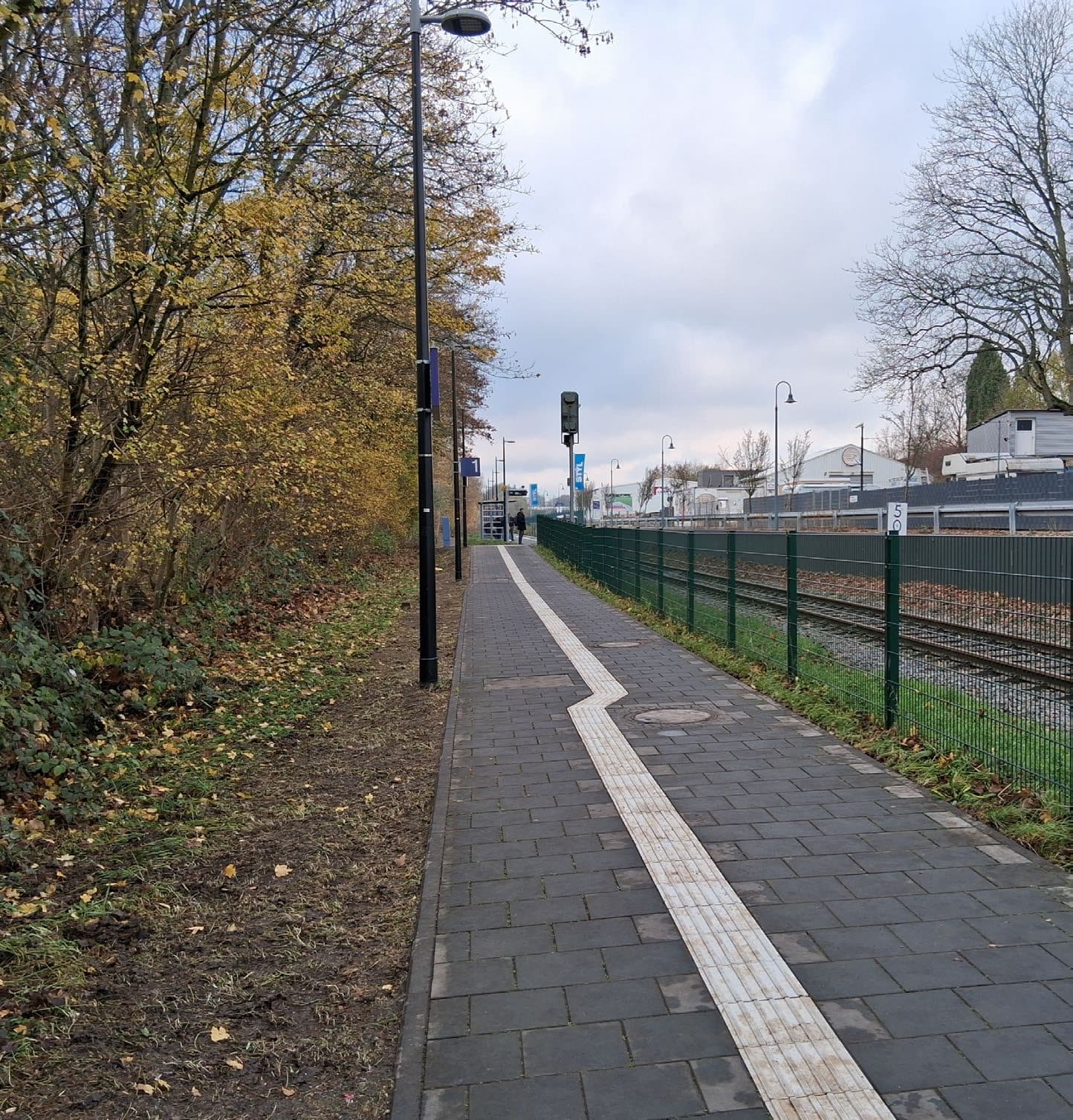 Neu gepflasterte Zuwegung mit Blindenleitsystem. Rechts ein Zaun, der en Weg vom Gleis abtrennt.