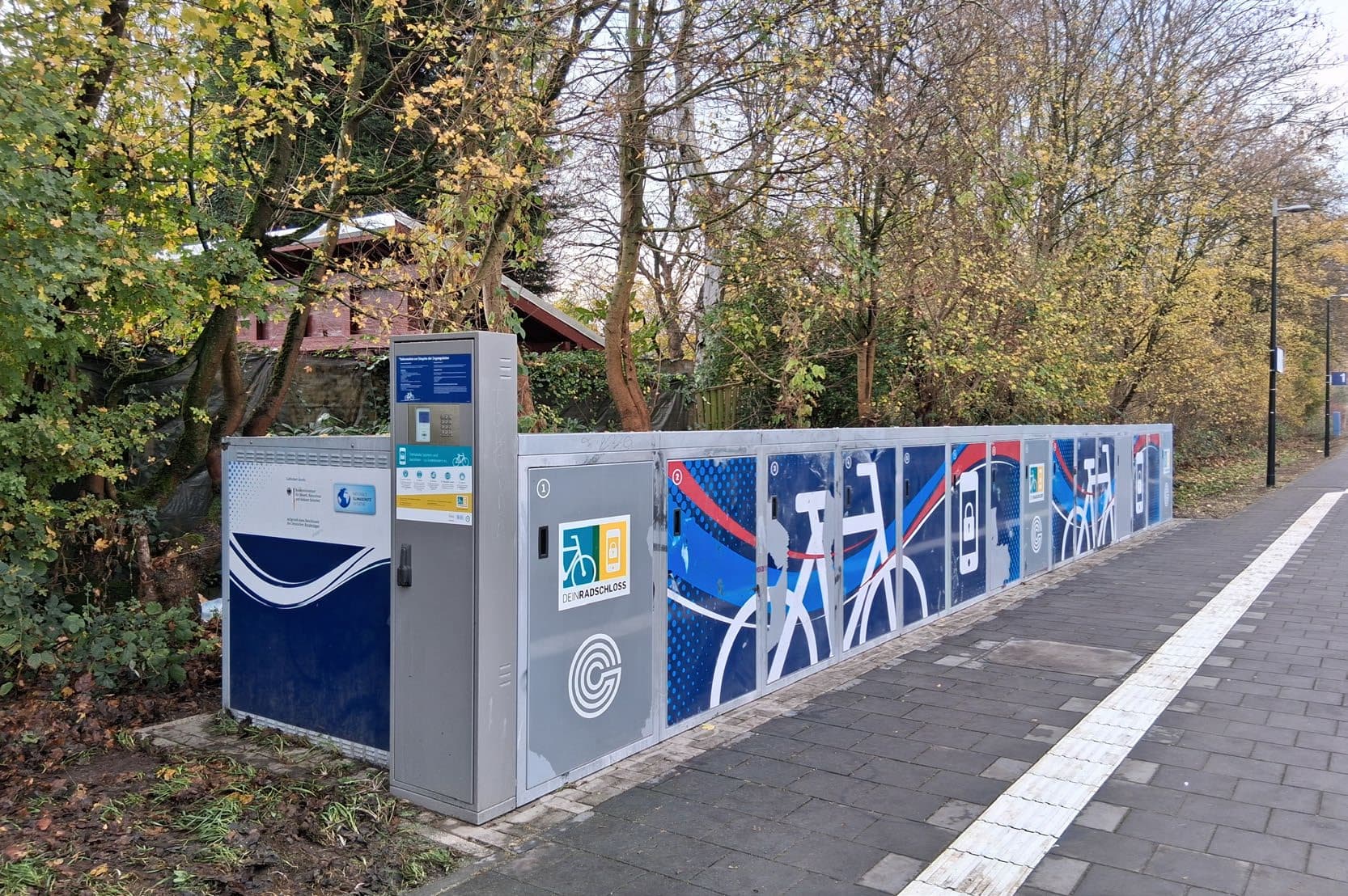 Fahrradboxen mit neuer Folierung vor grünen Bäumen. Vor den Fahrradboxen befindet sich ein Weg mit taktilem Leitsystem.