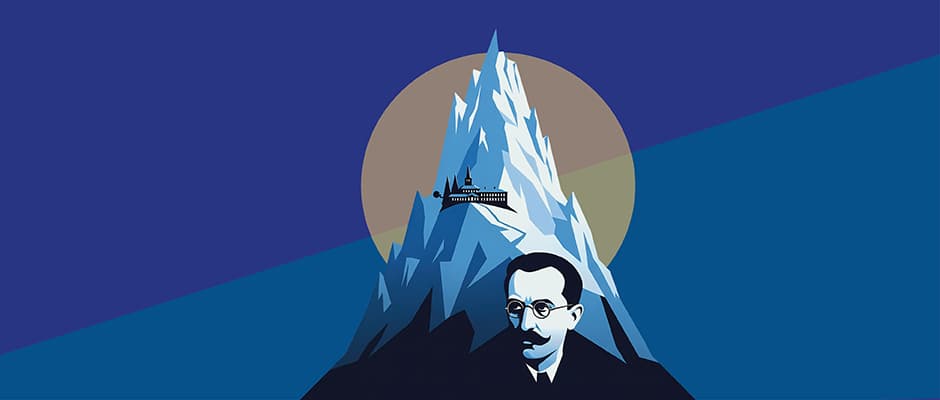 Ein Berg, auf dem ein Haus steht, mit einem Abbild von Thomas Mann im Vordergrund.