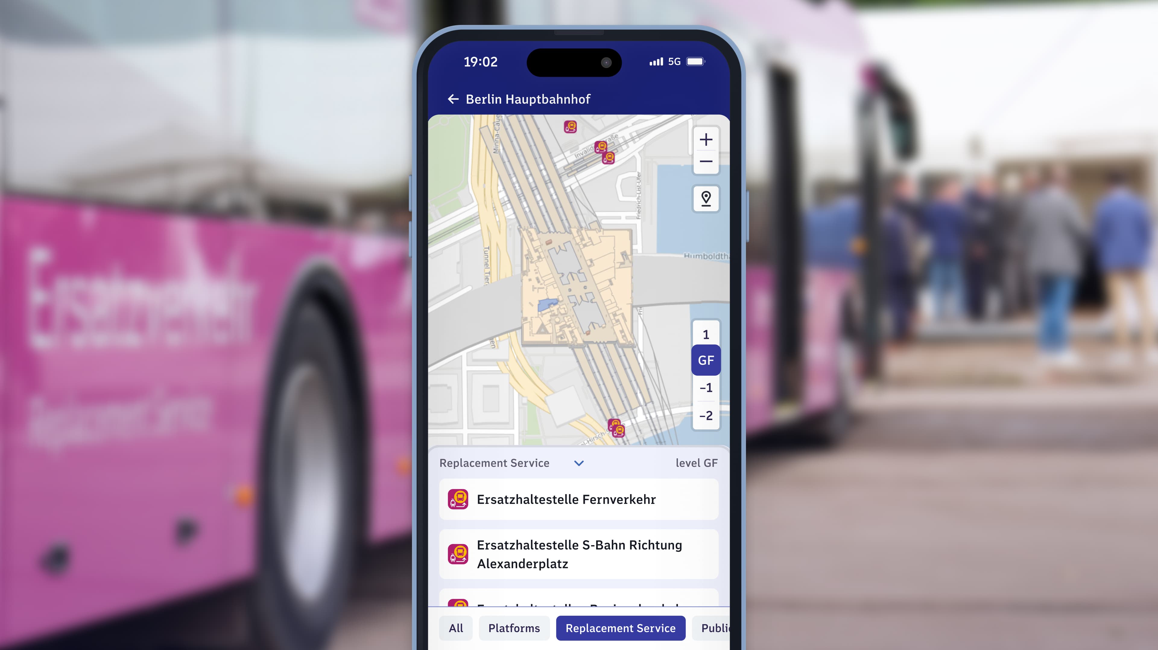 View of a digital station map showing replacement transport stops