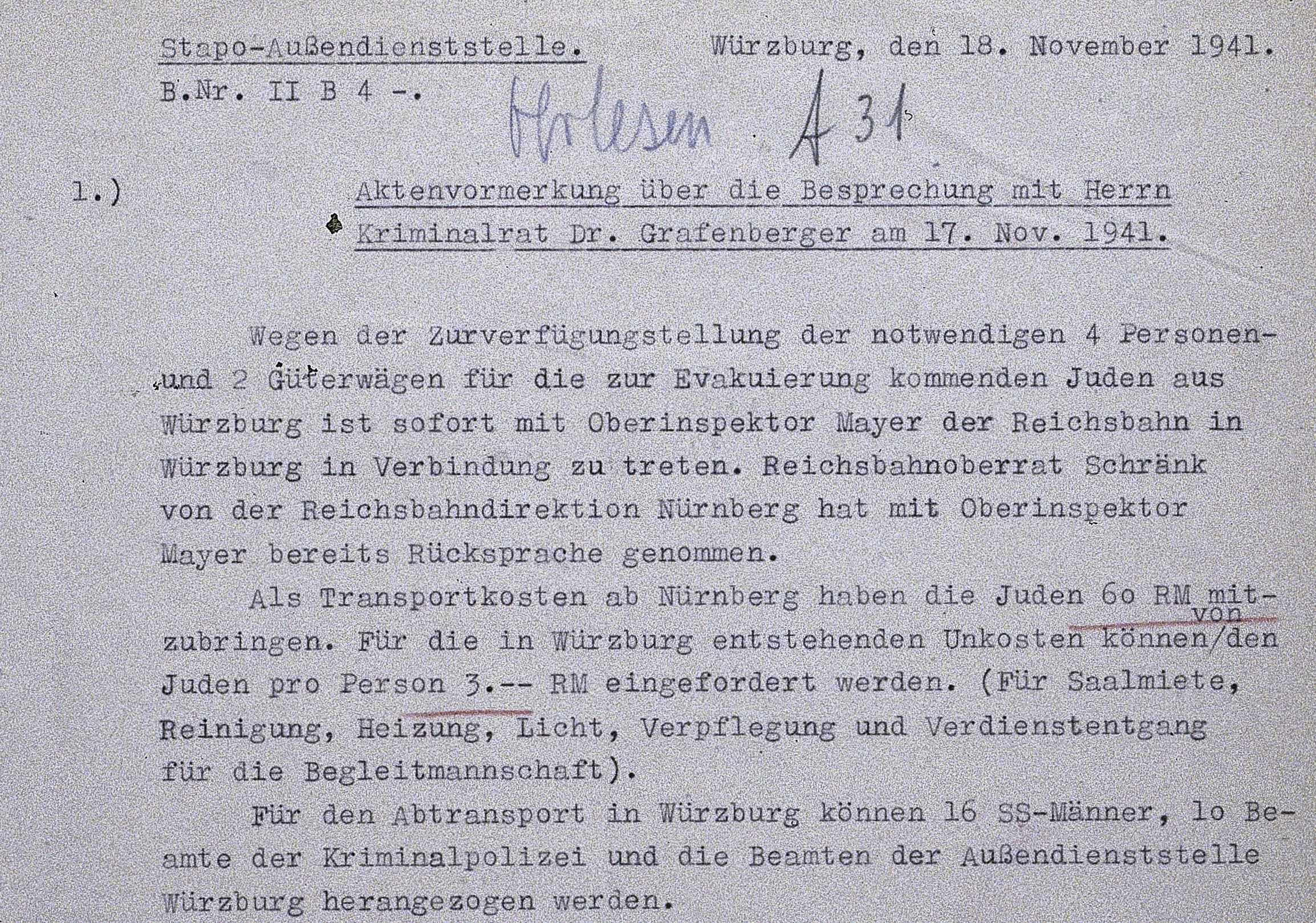 Kopie eines Aktenvermerks aus einer Aktennotiz der Gestapo.
