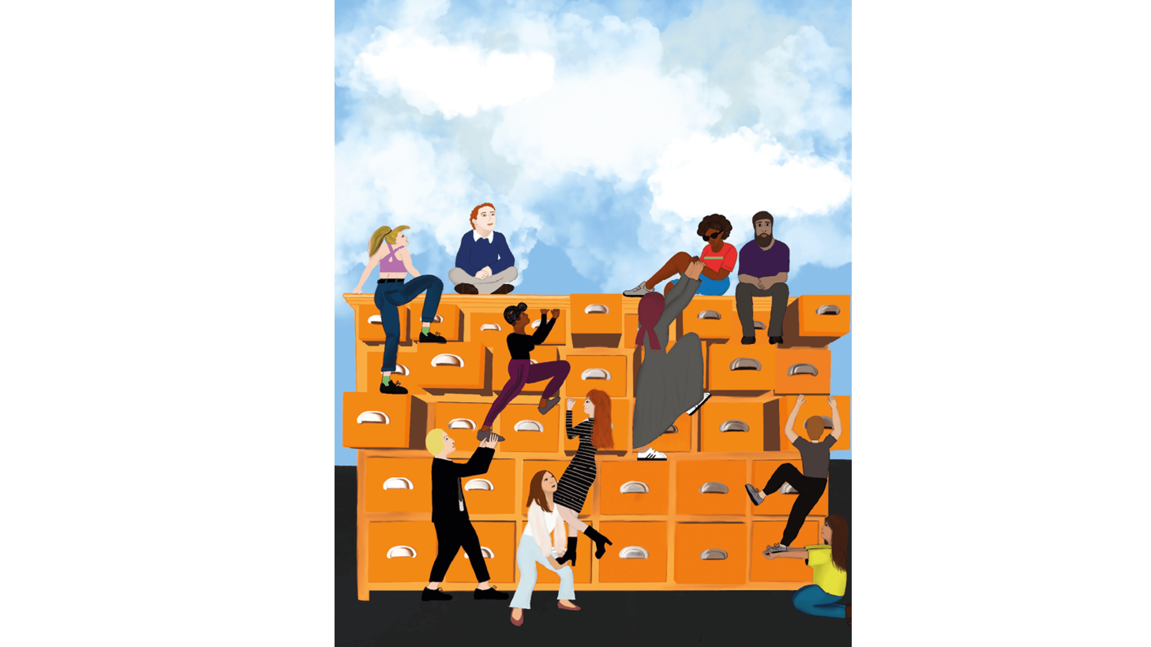 Illustration mehrerer Personen, die auf und vor einem großen Aktenschrank mit vielen Schubladen sitzen, stehen und klettern; blauer Himmel im Hintergrund.