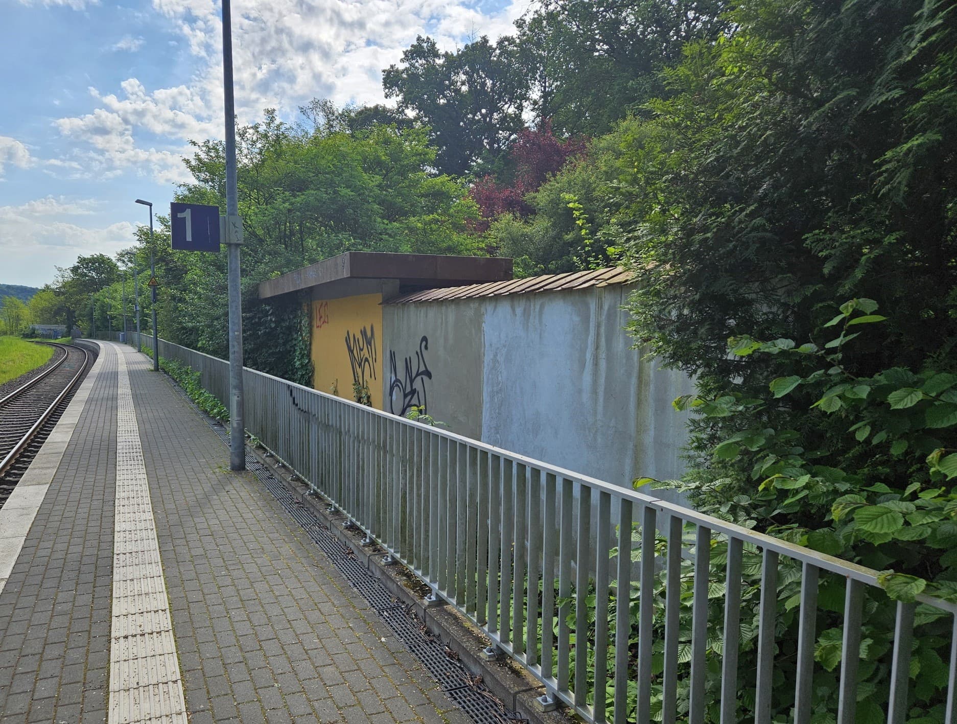Blick auf eine angrenzende Wand zum Bahnhof vor der Neugestaltung, die durch Vandalismus beschädigt wurde. Mittig befindet sich der Bahnsteig und links davon die Gleisen.