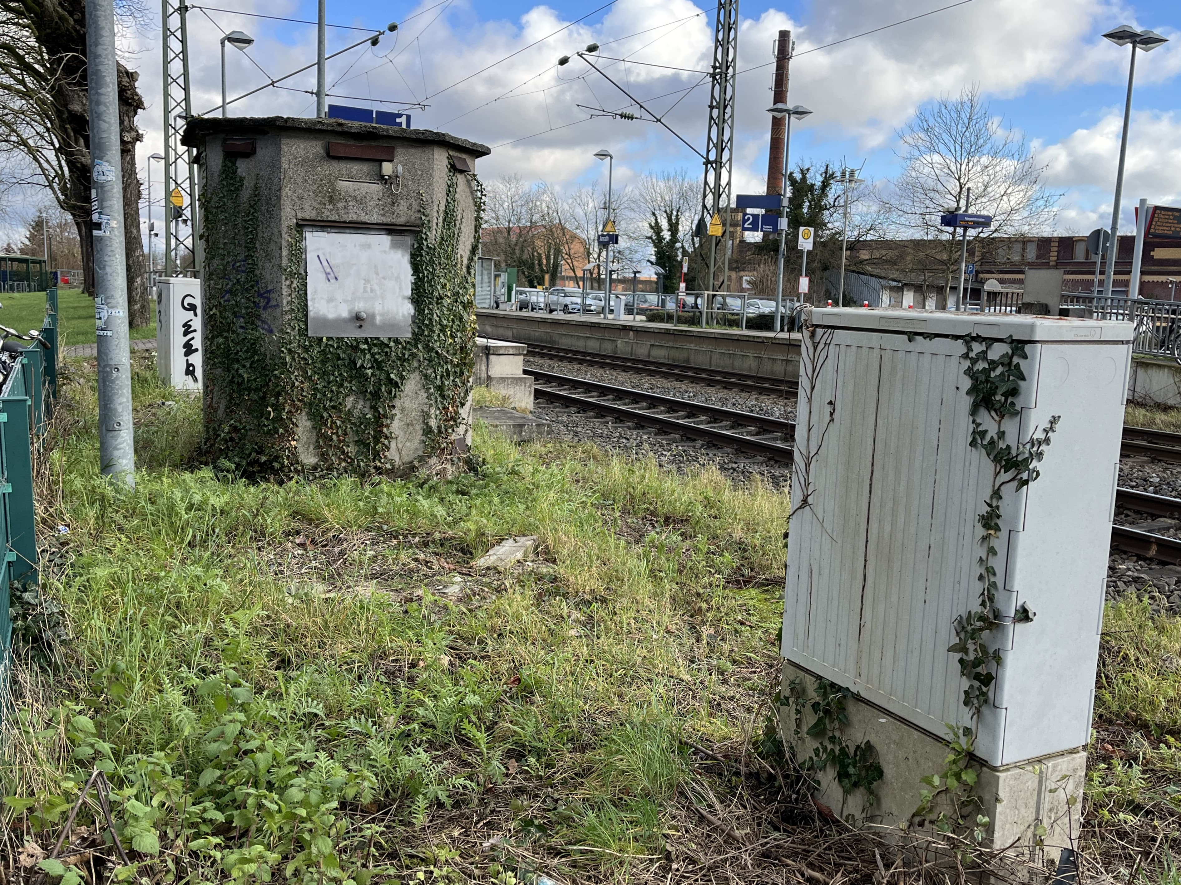 Zugewachsenes Betonhäuschen und Stromkasten.