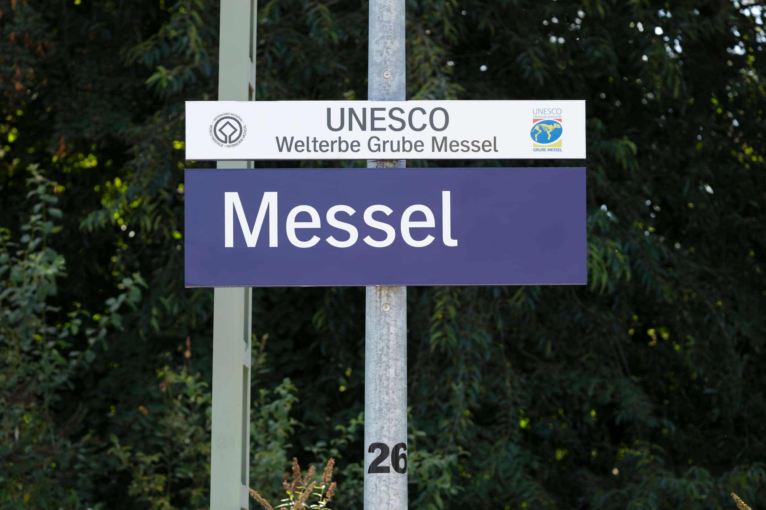 Blaues Bahnhofsschild von Messel, darüber ein Hinweisschild in weiß Unesco Weltkerbe Grube Messel.