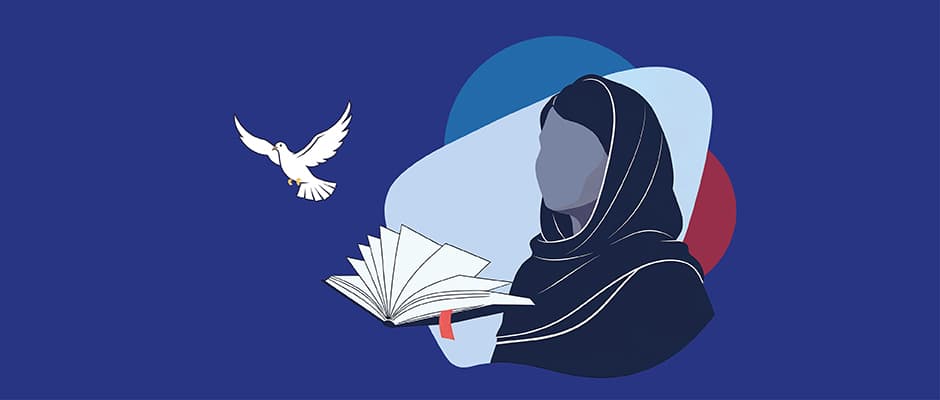 Eine Frau mit einem Kopftuch mit einem aufgeschlagenen Buch vor ihr und einer Friedenstaube.