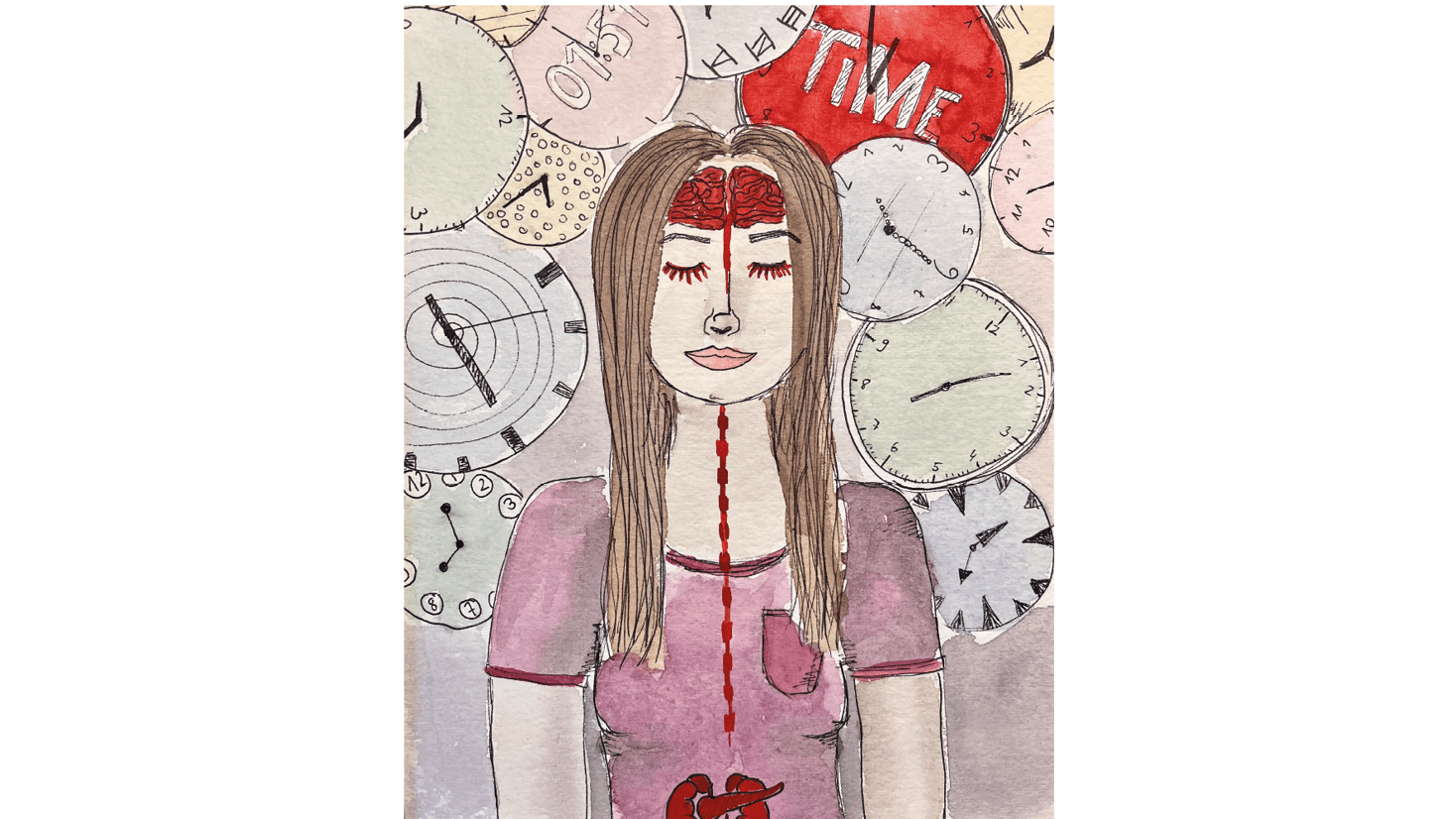 Illustration einer Frau mit geschlossenen Augen; rote Gehirnzeichnung auf der Stirn und Blutspur durch Gesicht und in den Körper; Hintergrund mit vielen Uhren und einem Herz mit der Aufschrift „TIME“