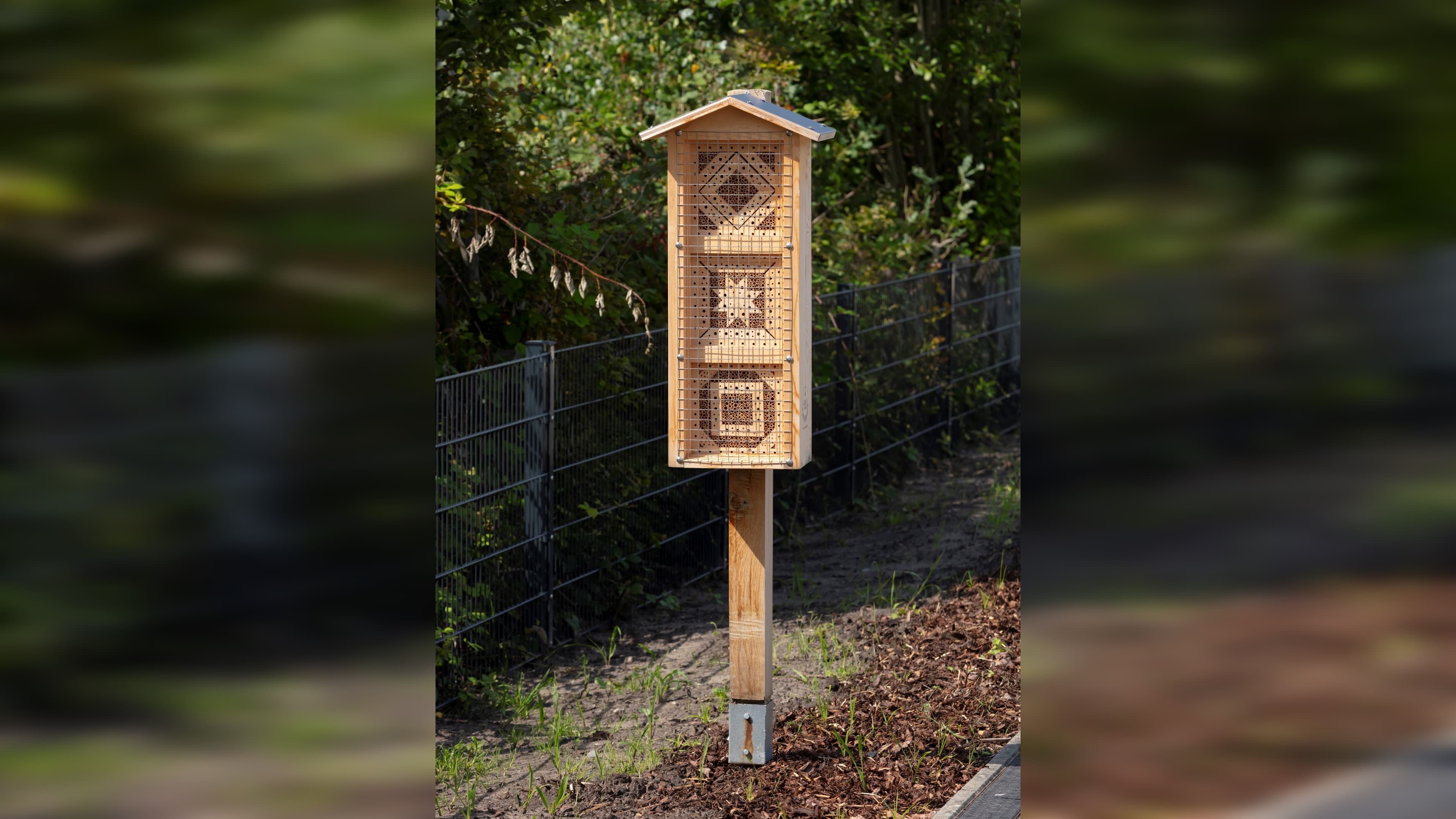 Im Bild das hölzerne Insektenhotel.