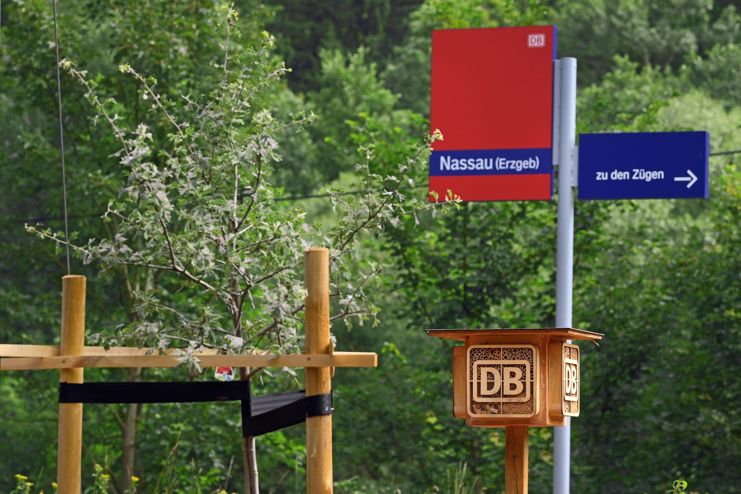 Im Vordergrund steht ein frisch angepflanzter Baum, rechts daneben eine Stele mit vier Insektenhotels. Im Hintergrund ist außerdem das rote Bahnhofsnamensschild zu sehen.