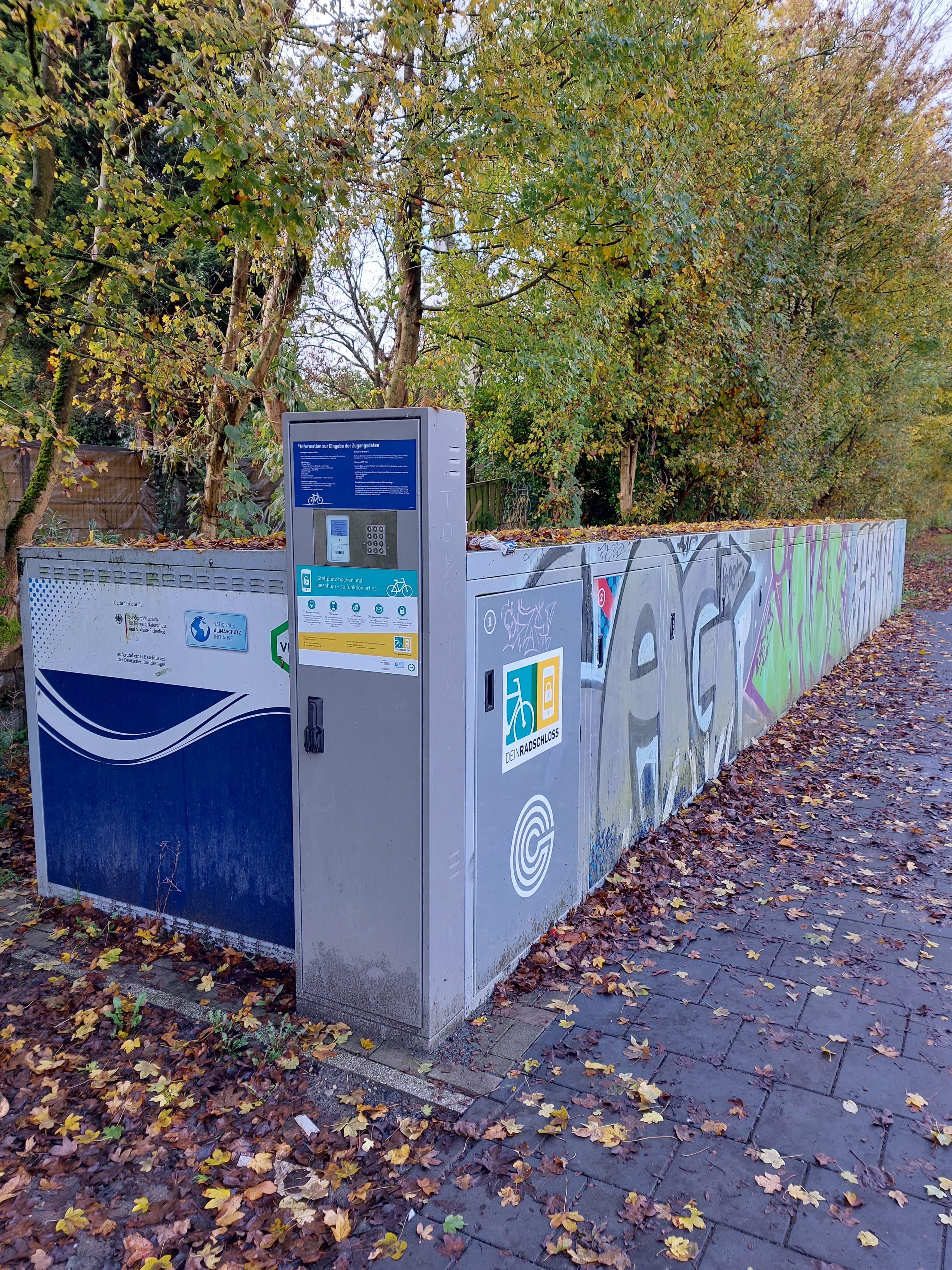 Mit Graffiti beschmierte Fahrradboxen vor grünen Bäumen.