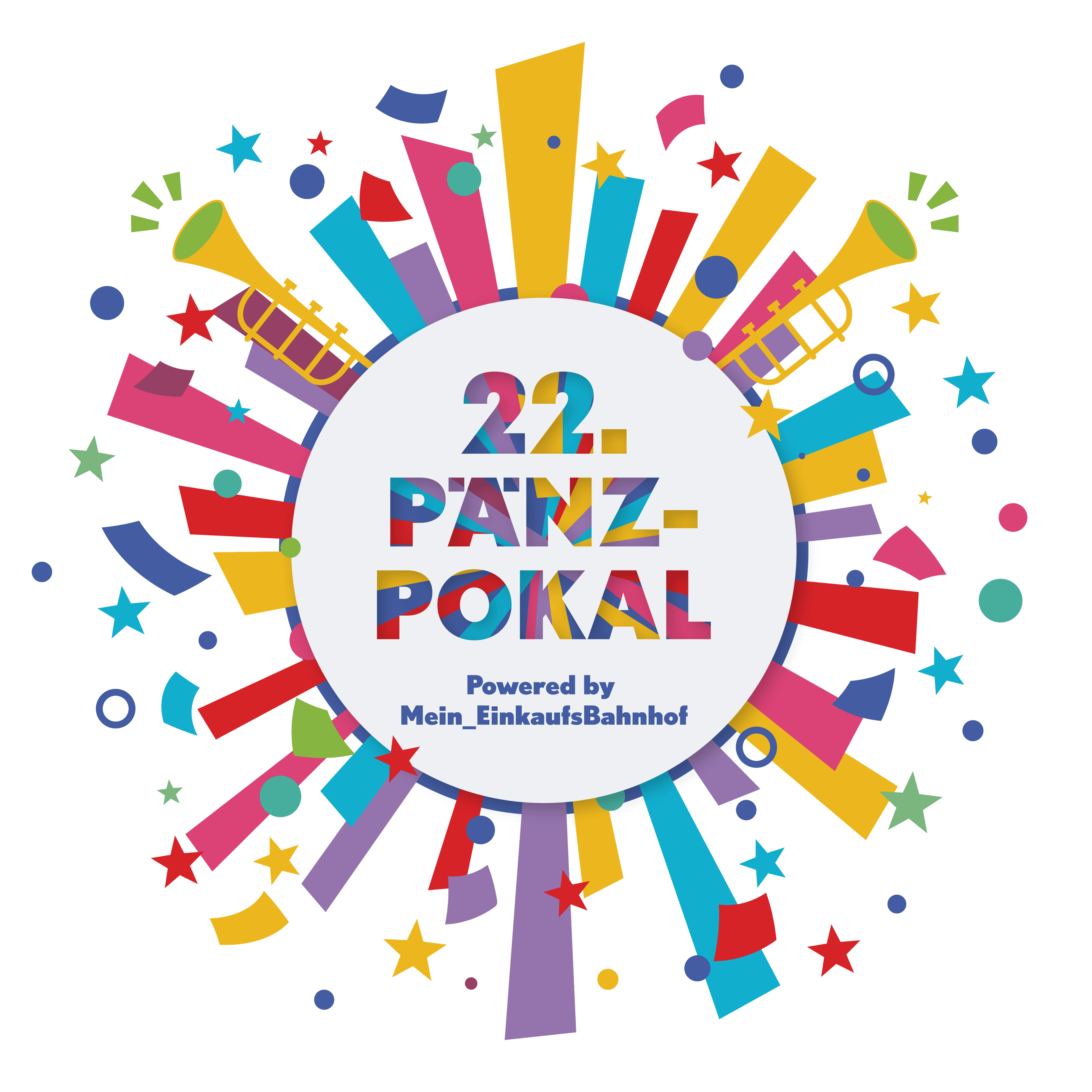 Logo der Tanzveranstaltung Pänz-Pokal. Schriftzug Pänz-Pokal mit Trompeten und Konfetti