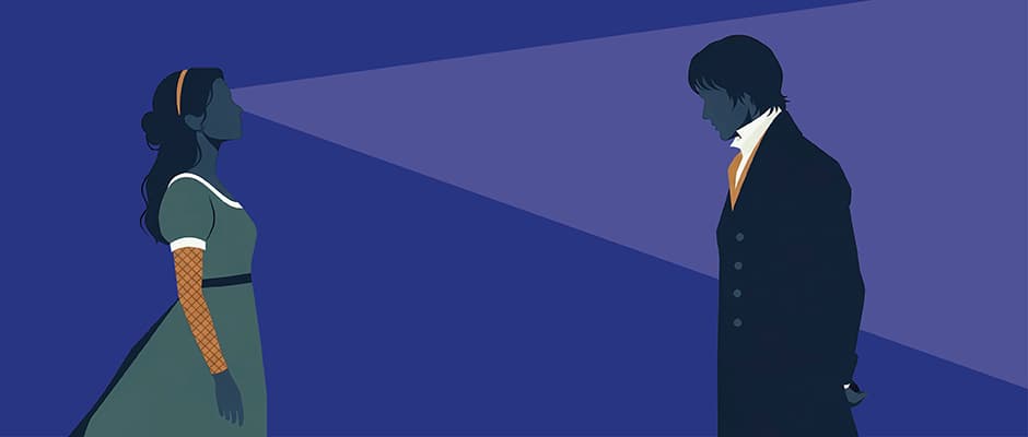 Eine Frau in einem Kleid steht einem Mann in einem Mantel gegenüber.