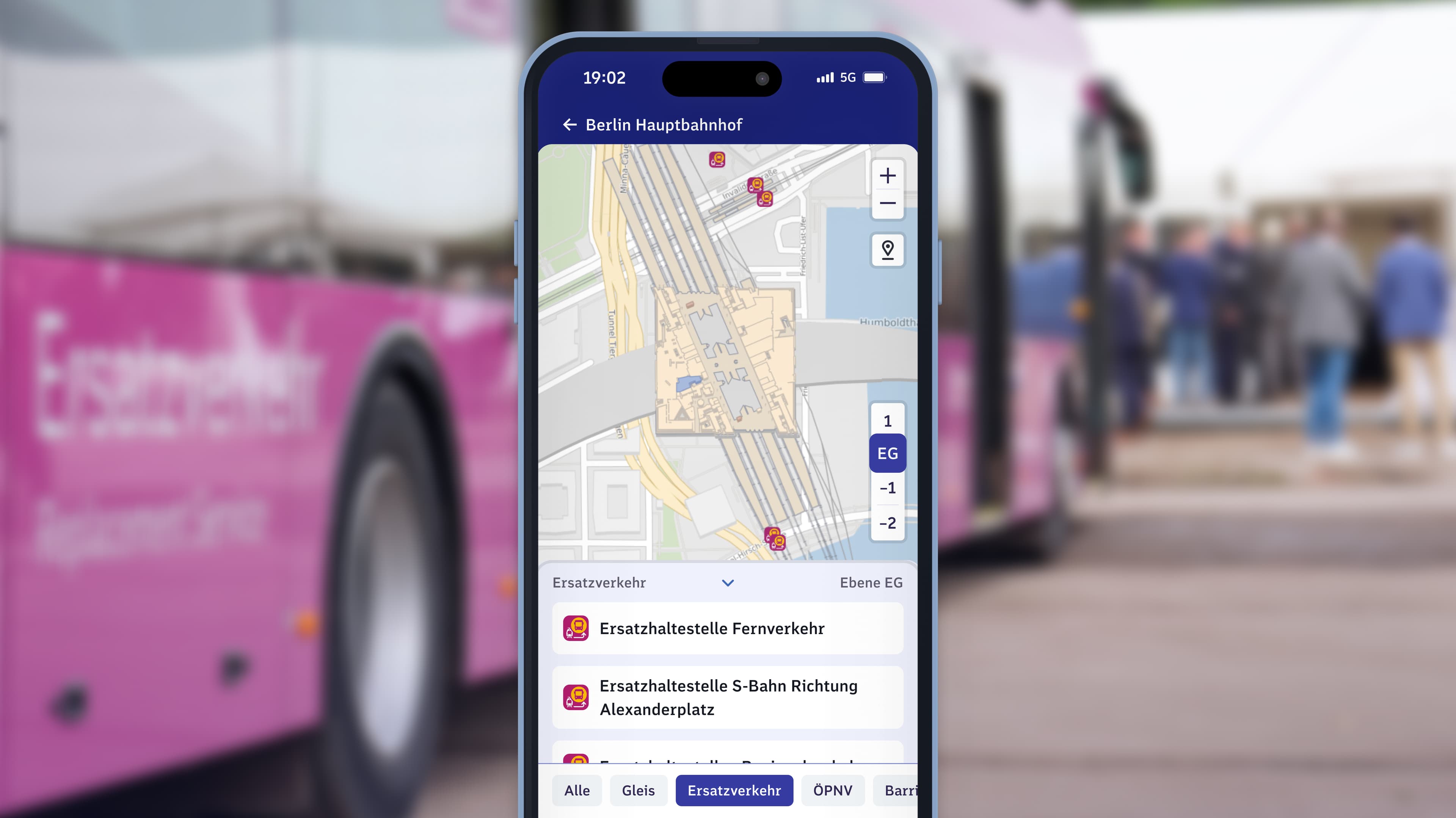 Ansicht einer digitalen Bahnhofskarte mit Ersatzverkehr-Haltestelle