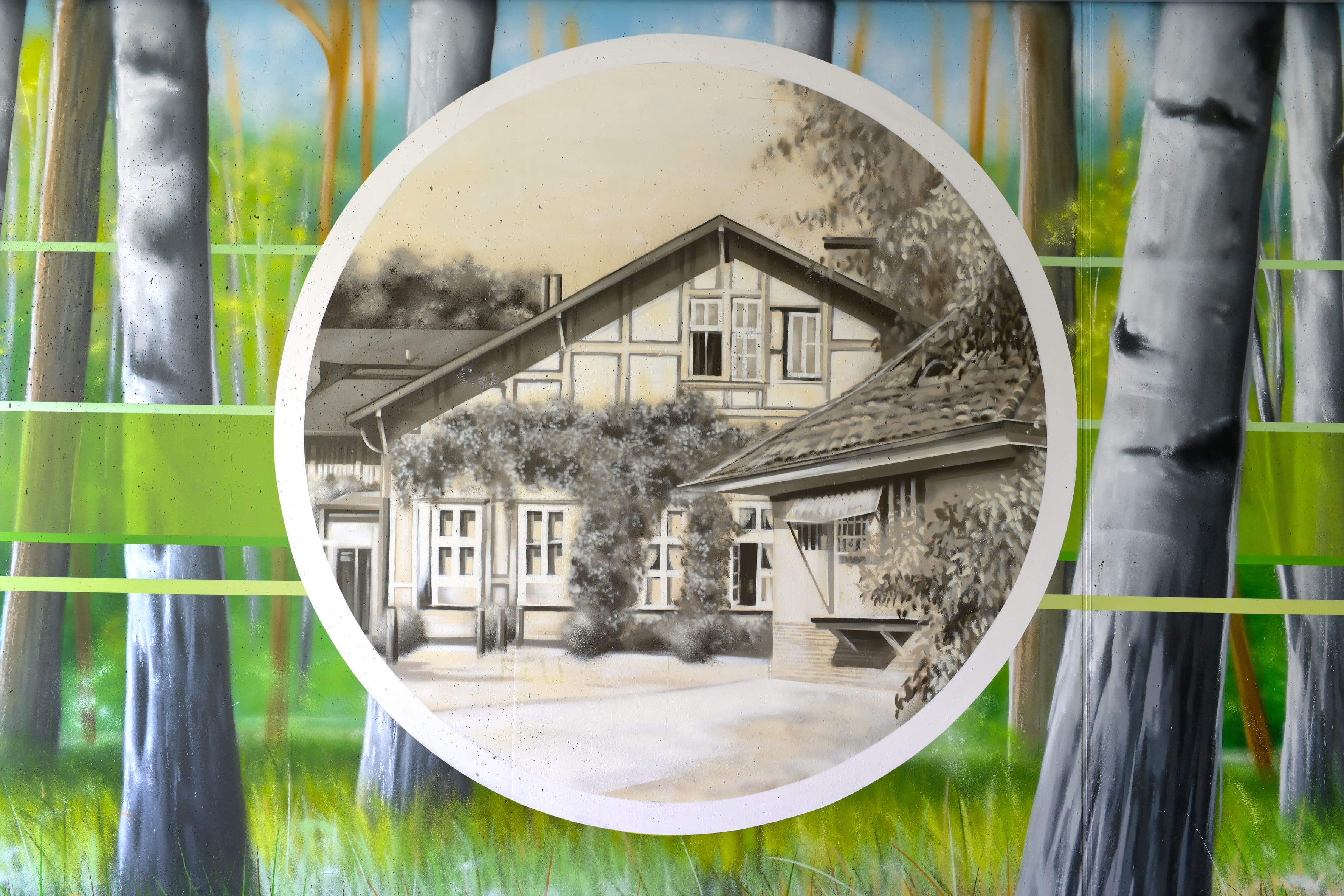 Blick auf historisches Bild mit Fachwerkhaus