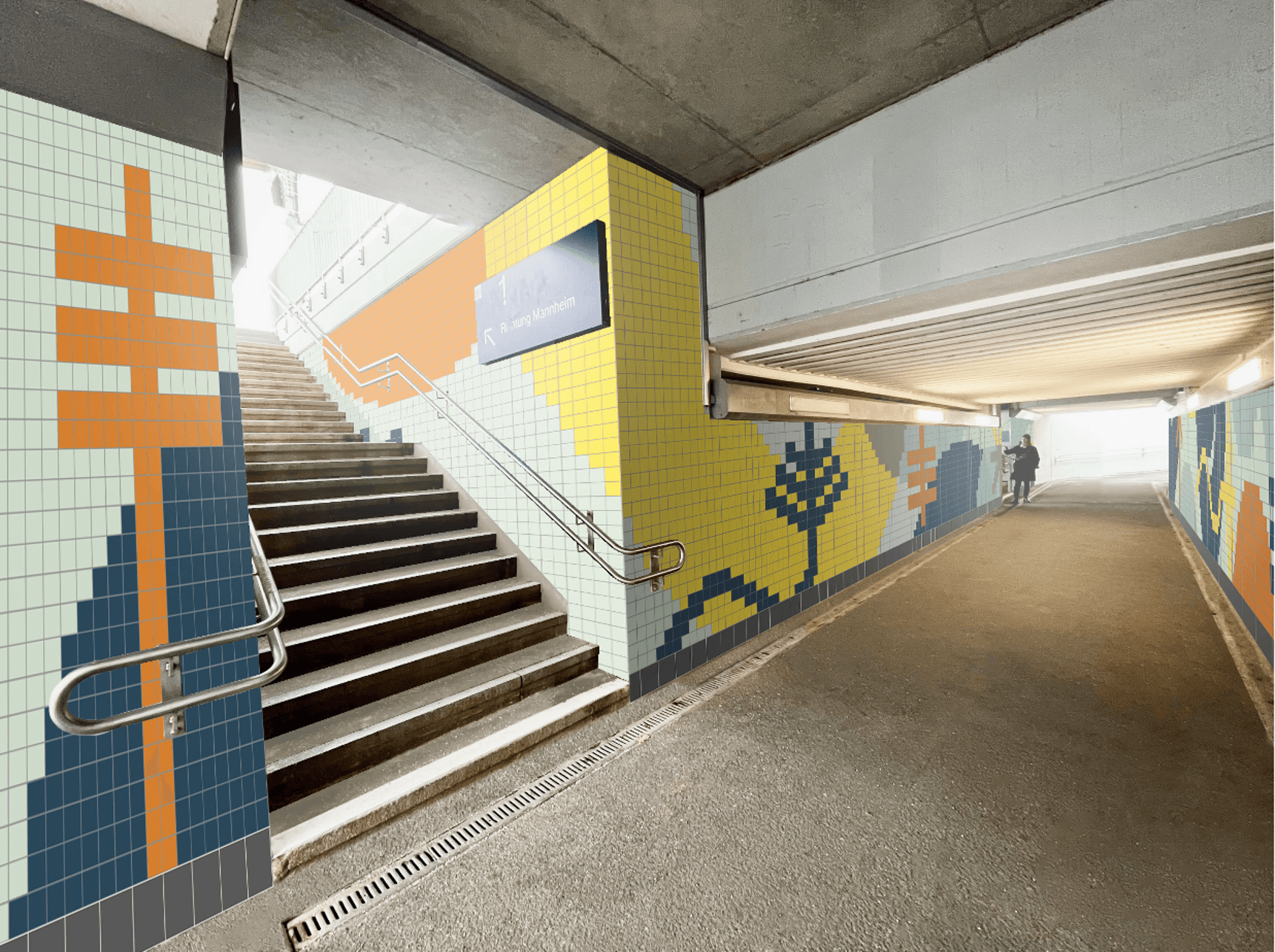 Eine beispielhafte Visualisierung von Treppen und Bahnsteigzugängen im Riedbahn-Design.