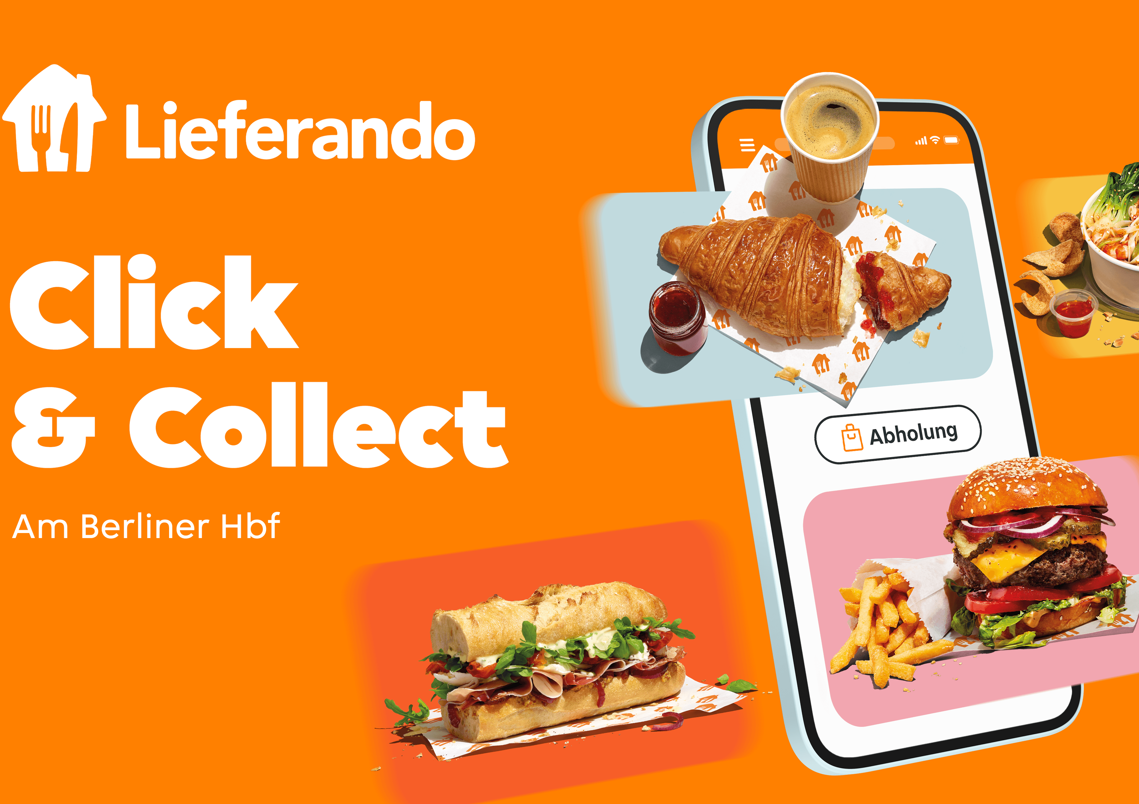 Lieferando Click & Collect am Berliner Hauptbahnhof, ein Smartphone auf dem verschiedene Lebensmittel zu sehen sind und das Wort Abholung.