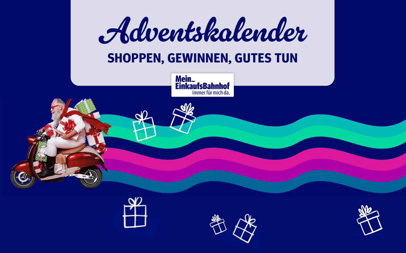 Schriftzug "Adventskalender - Shoppen, Gewinnen, Gutes tun" mit blauem Hintergrund. Ein Weihnachtsmann auf einem roten Roller mit Geschenken bepackt zieht einen Regenbogen hinter sich her.