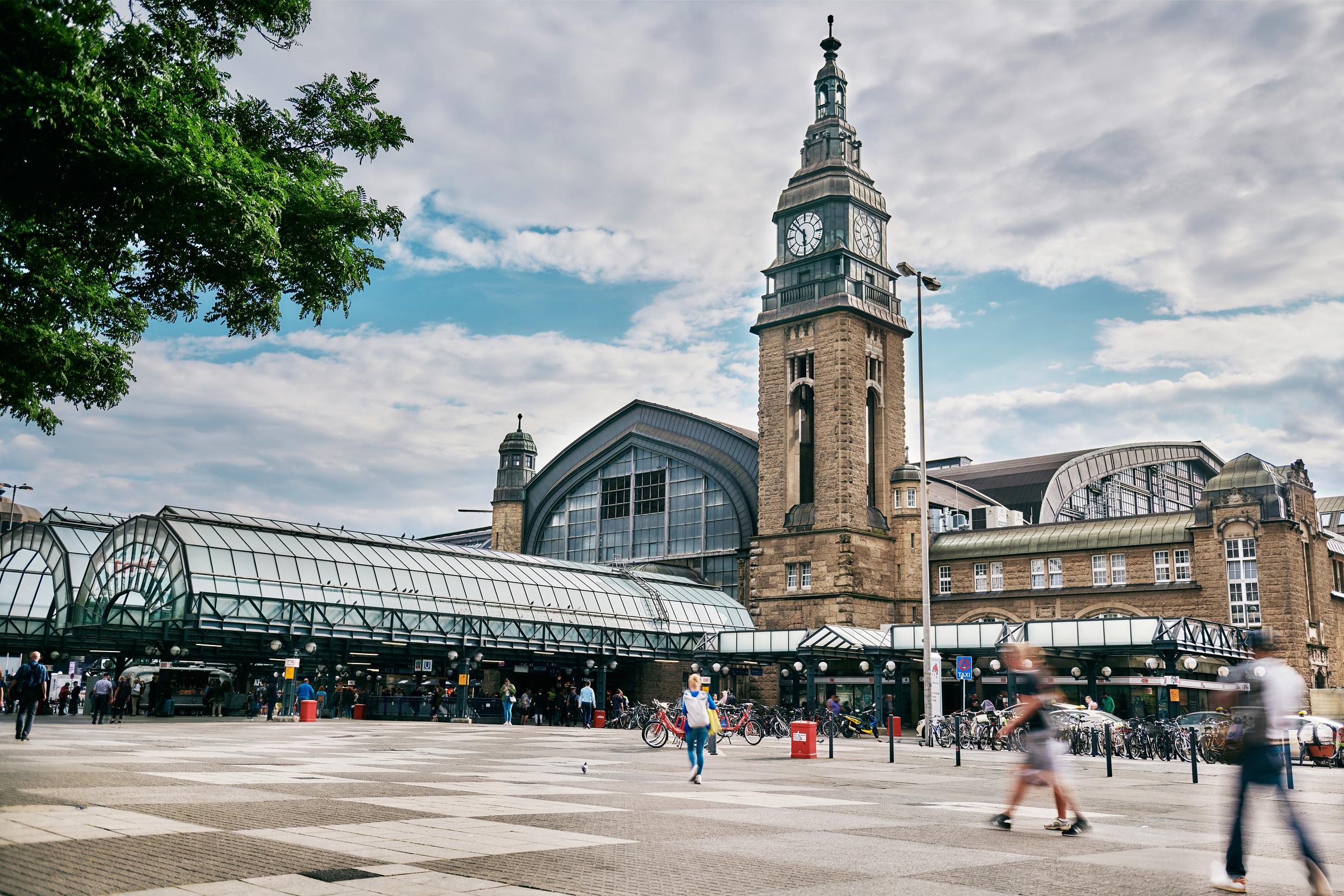 A view of the station building at Hamburg Hauptbahnhof.