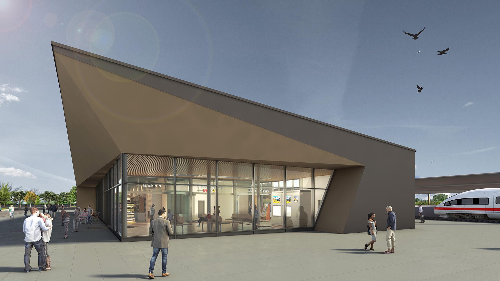 Eine Visualisierung des neuen Bahnhofsgebäudes der Station Bitterfeld.